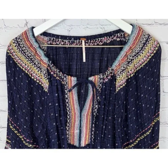 FREE PEOPLE Talia Embroidered Blouse Colorful Boho Oversized Size Medium Women’s - Picture 3 of 9